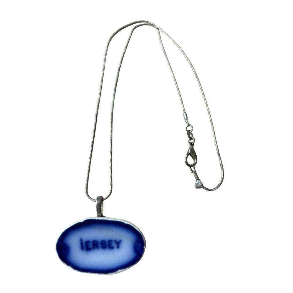 Pendant Jersey Handmade from A Vintage Flow Blue Plate 18” Silver Tone Chain